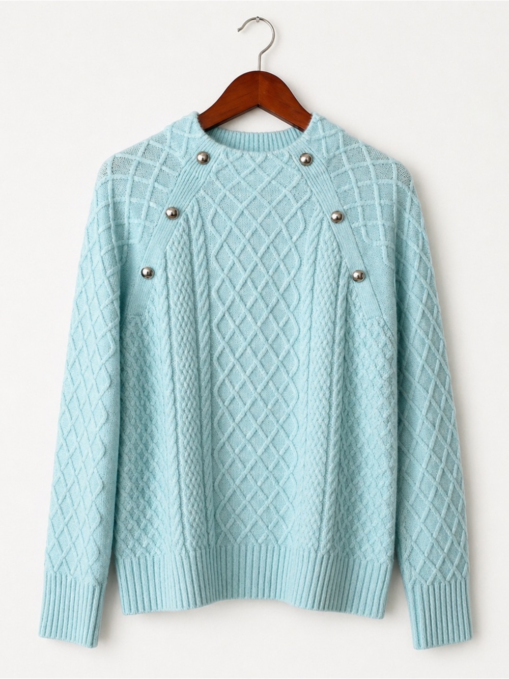 Talbots Aqua Cable Knit Sweater M Silver Button Shoulder Coastal Preppy Classic